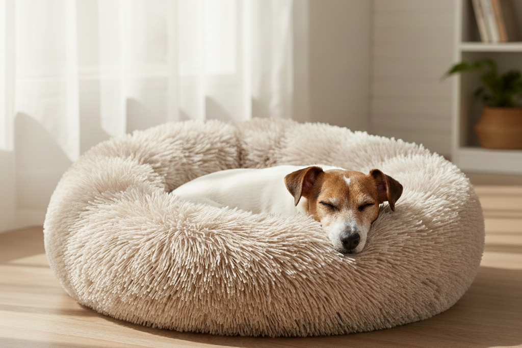 Cloud-9 orthopedic calming dog bed in Tan, circular shag fur design for anxiety relief.