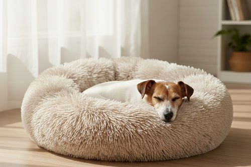 Cloud-9 orthopedic calming dog bed in Tan, circular shag fur design for anxiety relief.